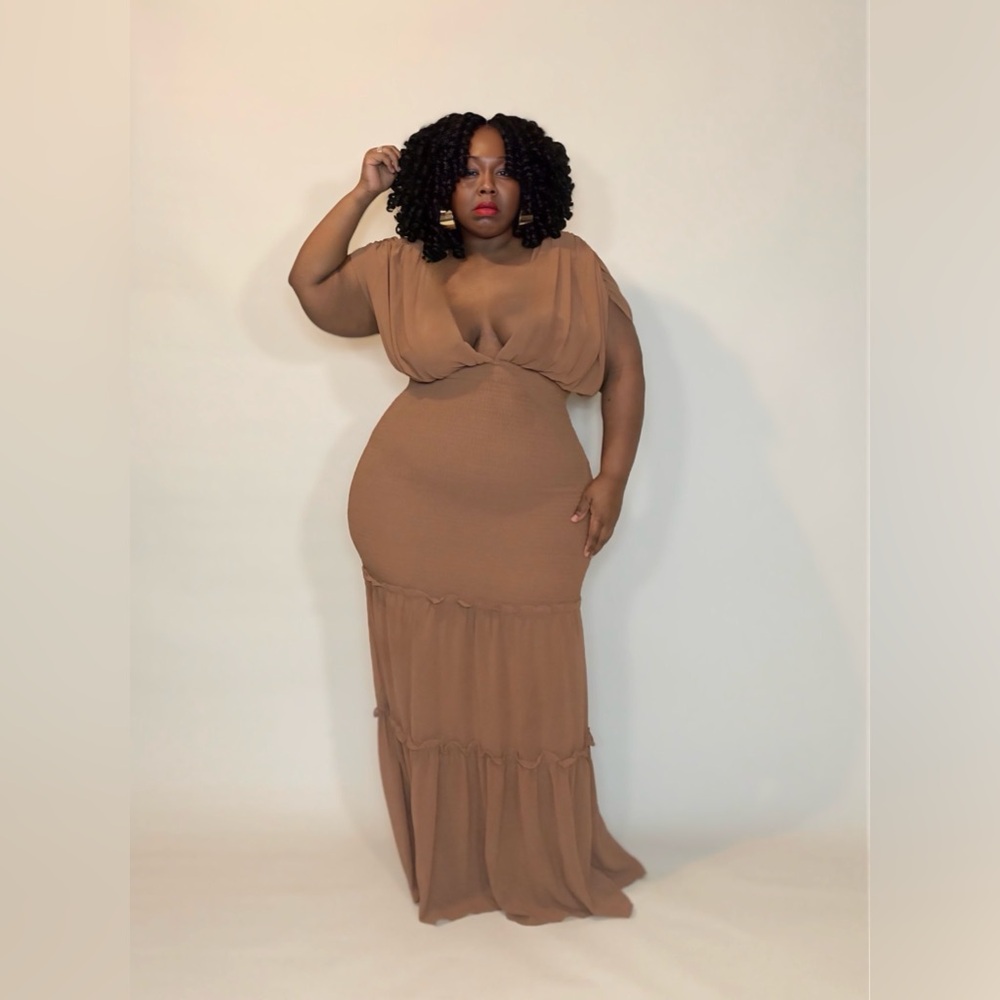 Plus Size Smocked Maxi Dress | Brown Chiffon Evening Dress 1X–3X